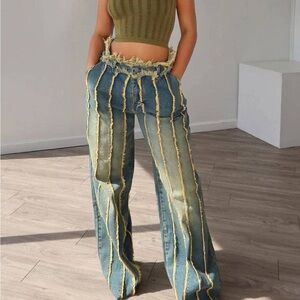 Stylish Frayed Denim Pants with Yellow Stripes